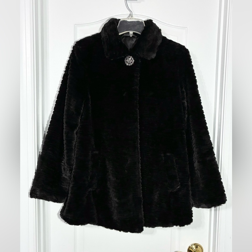 Y2K Rhinestone Accent Faux Fur Swing Coat Vintage Black Size Medium